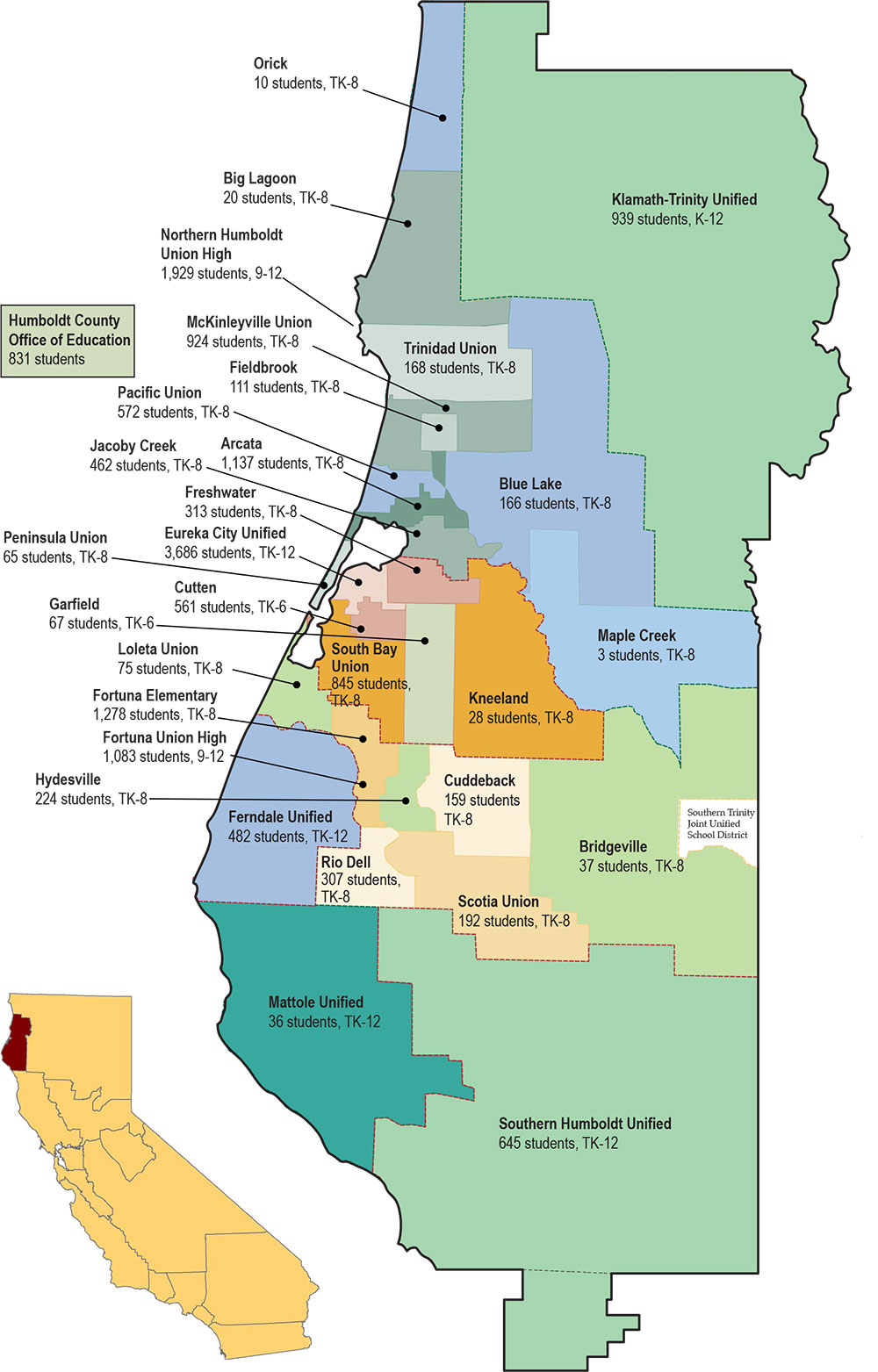Humboldt-Map Map of Humboldt County Schools with district sizes